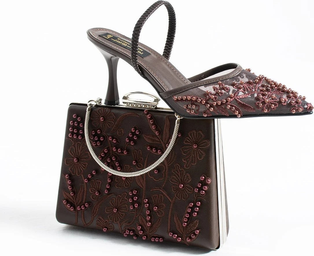 Lebibe Shoes Meggıe Kahve Ayakkabı Çanta Kombin Sivri Burun 7cm Topuklu Incili Slingback Ayakkabı ve Çanta Seti
