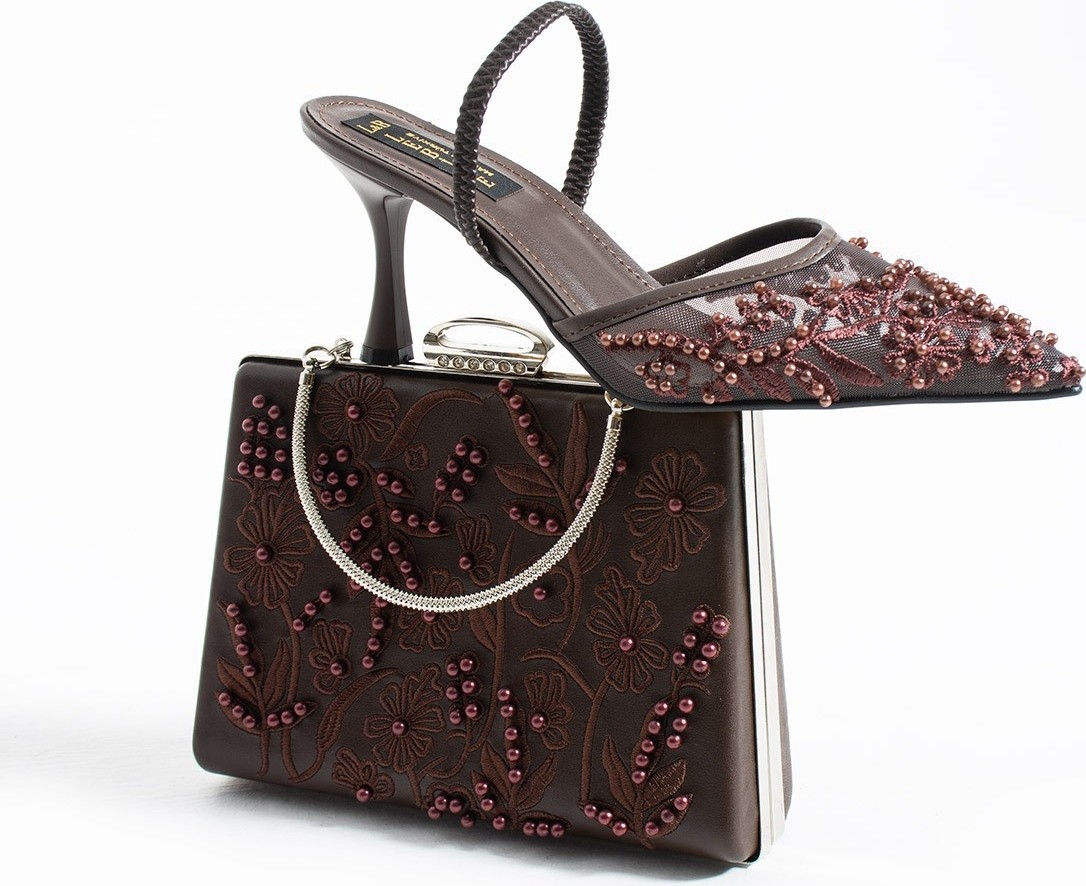 Lebibe Shoes Meggıe Kahve Ayakkabı Çanta Kombin Sivri Burun 7cm Topuklu Incili Slingback Ayakkabı ve Çanta Seti