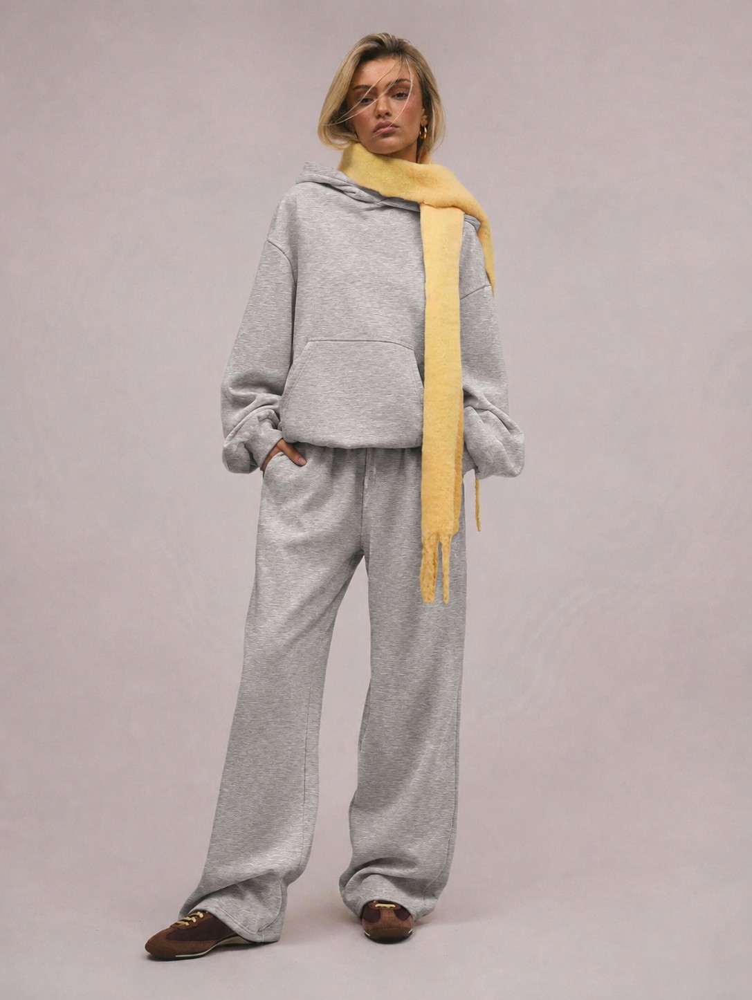 Macklin Unisex Kadın Erkek Baskısız Rahat Kalıp Oversize 3 Iplik Kapüşonlu Hoodie ve Baggy Eşofman Altı