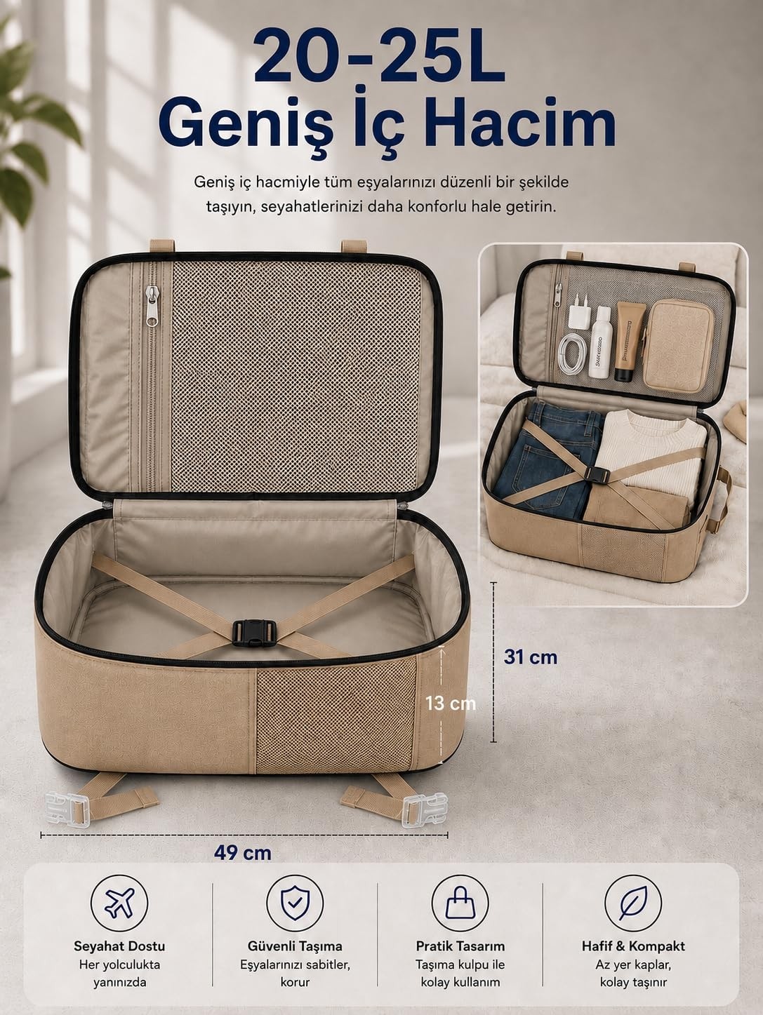 Die Grup Classone Xyz Serisi TR-100C Kabin Boy,uçak Içi, Ergonomik, Laptop ve Tablet Bölmeli, Seyahat, Valiz, 15-18 Inch Uyumlu Notebook, Laptop Sırt Çantası, Camel görsel 2