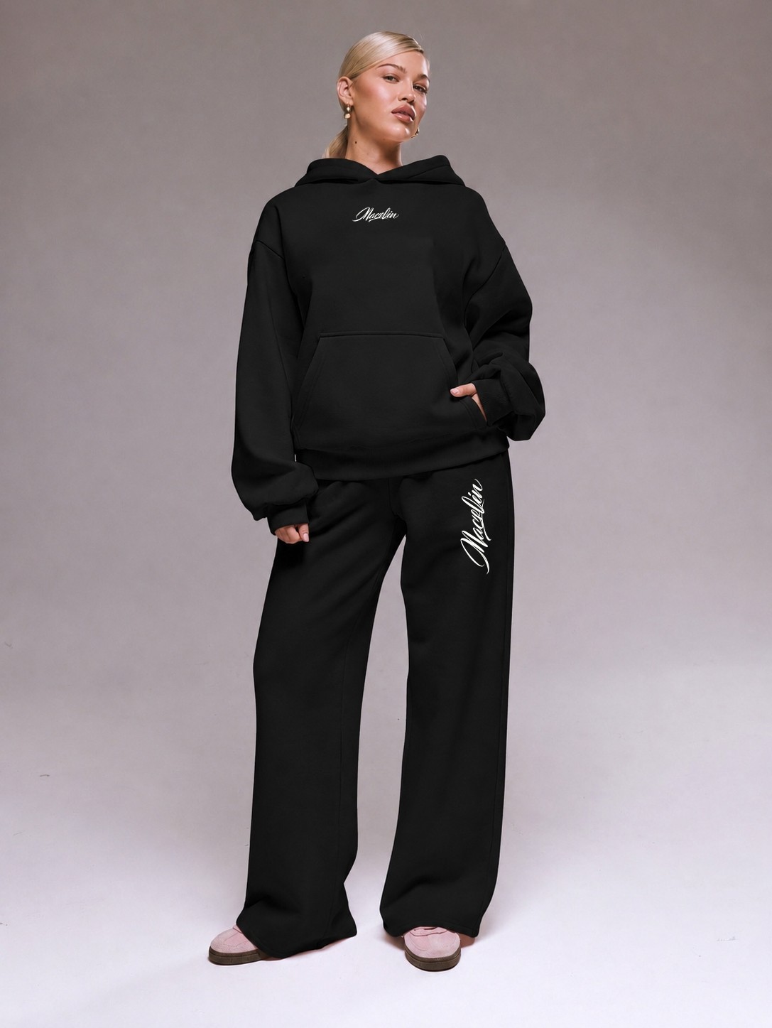 Macklin Unisex Kadın Erkek Tasarım Macklin Yazı Baskılı Oversize 3 Iplik Kapüşonlu Sweatshirt ve Baggy Eşofman Altı