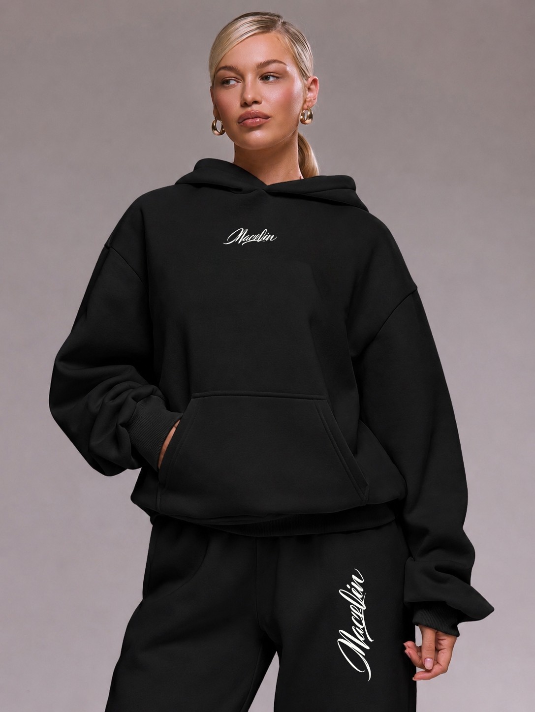 Macklin Unisex Kadın Erkek Tasarım Macklin Yazı Baskılı Oversize 3 Iplik Kapüşonlu Sweatshirt ve Baggy Eşofman Altı görsel 2