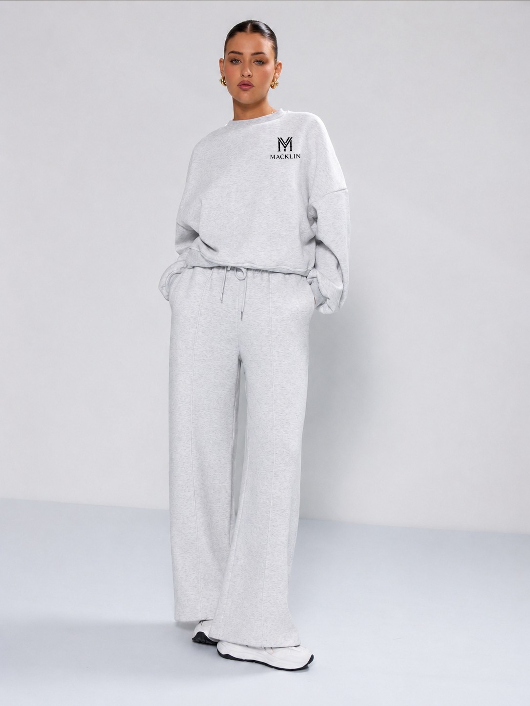 Macklin Unisex Kadın Erkek Göğüs Baskılı Oversize 3 Iplik Kapüşonlu Sweatshirt ve Baggy Eşofman Altı görsel 5