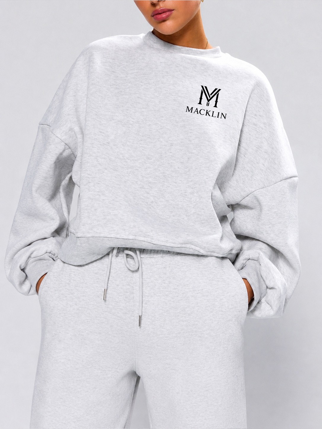 Macklin Unisex Kadın Erkek Göğüs Baskılı Oversize 3 Iplik Kapüşonlu Sweatshirt ve Baggy Eşofman Altı görsel 6