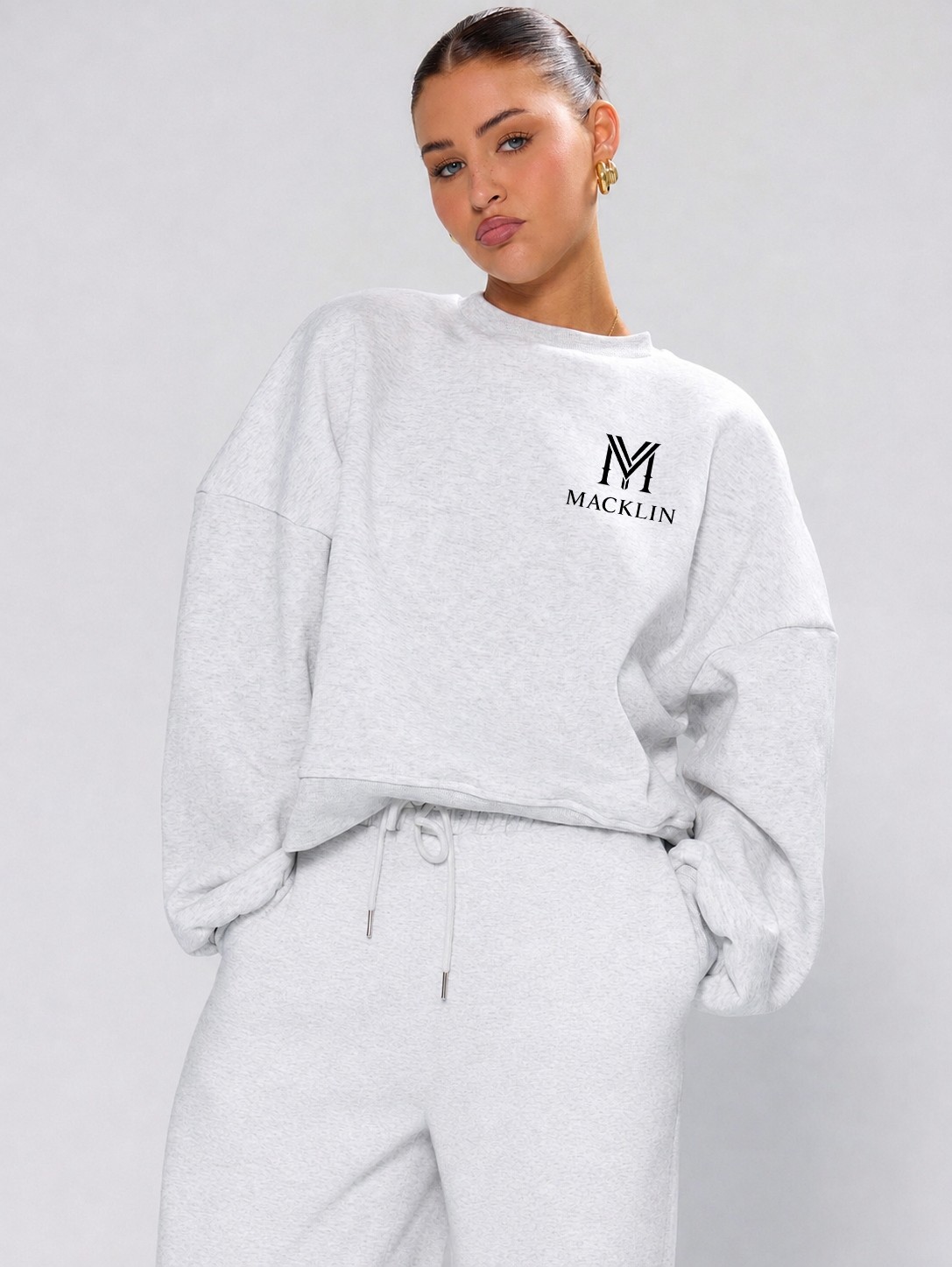 Macklin Unisex Kadın Erkek Göğüs Baskılı Oversize 3 Iplik Kapüşonlu Sweatshirt ve Baggy Eşofman Altı görsel 7