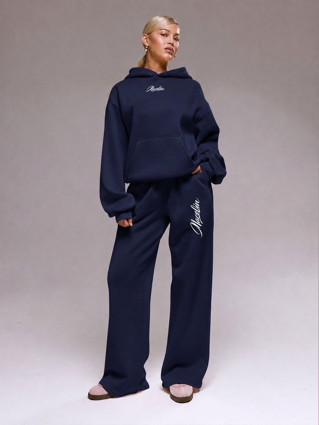 Macklin Unisex Kadın Erkek Tasarım Macklin Yazı Baskılı Oversize 3 Iplik Kapüşonlu Sweatshirt ve Baggy Eşofman Altı