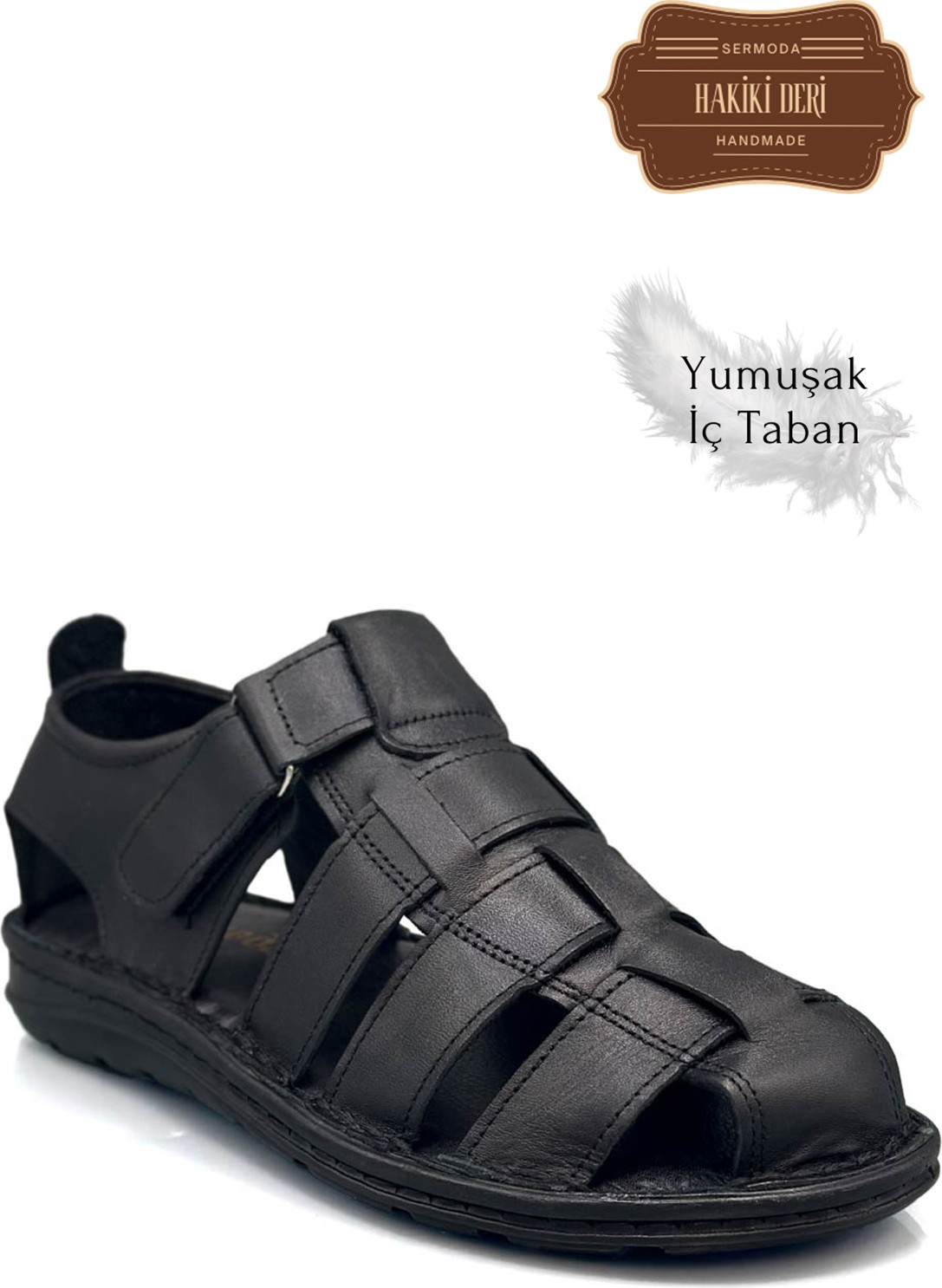 Sermoda Hakiki Deri Burnu Kapalı Erkek Sandalet Siyah görsel 4
