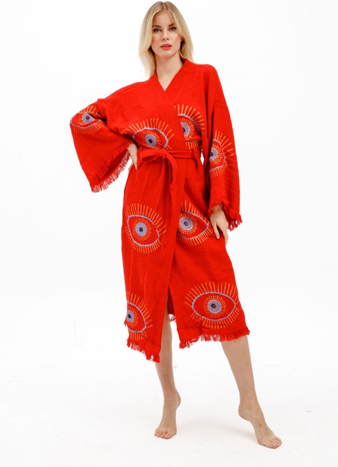 Befera Design Müslin Kimono %100 Pamuklu Göz Baskılı Desenli Bornoz Kaftan Sabahlık görsel 2
