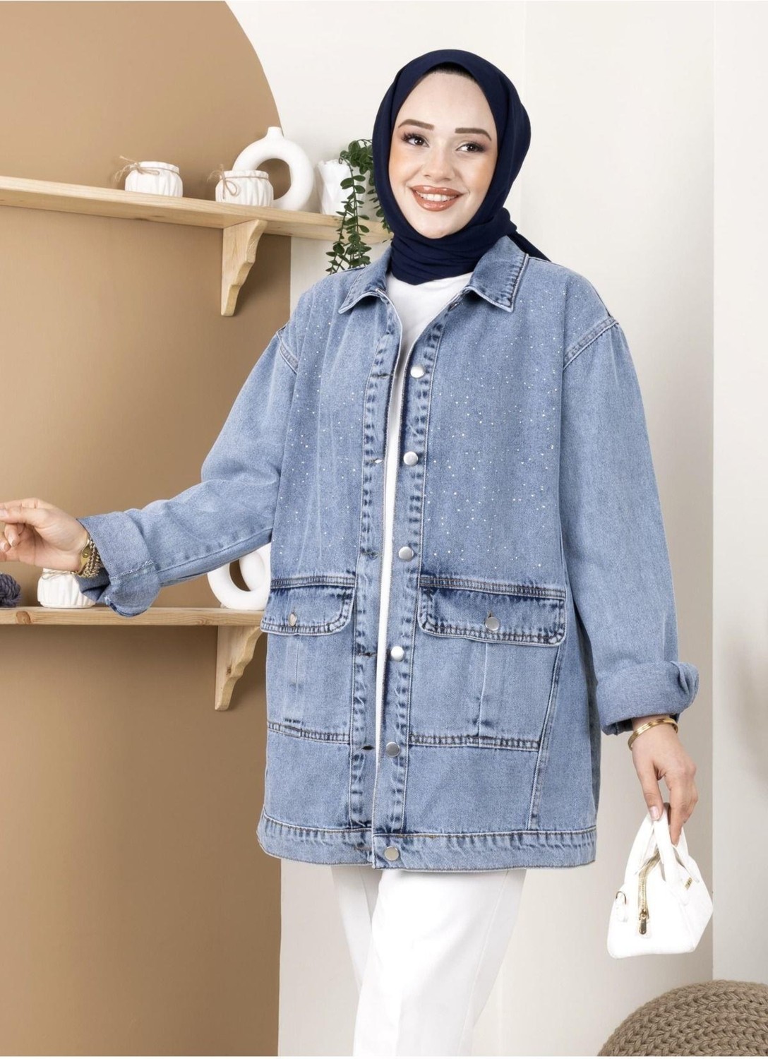 Harman Butik Kadın Taş Detaylı Cepli Kot Ceket