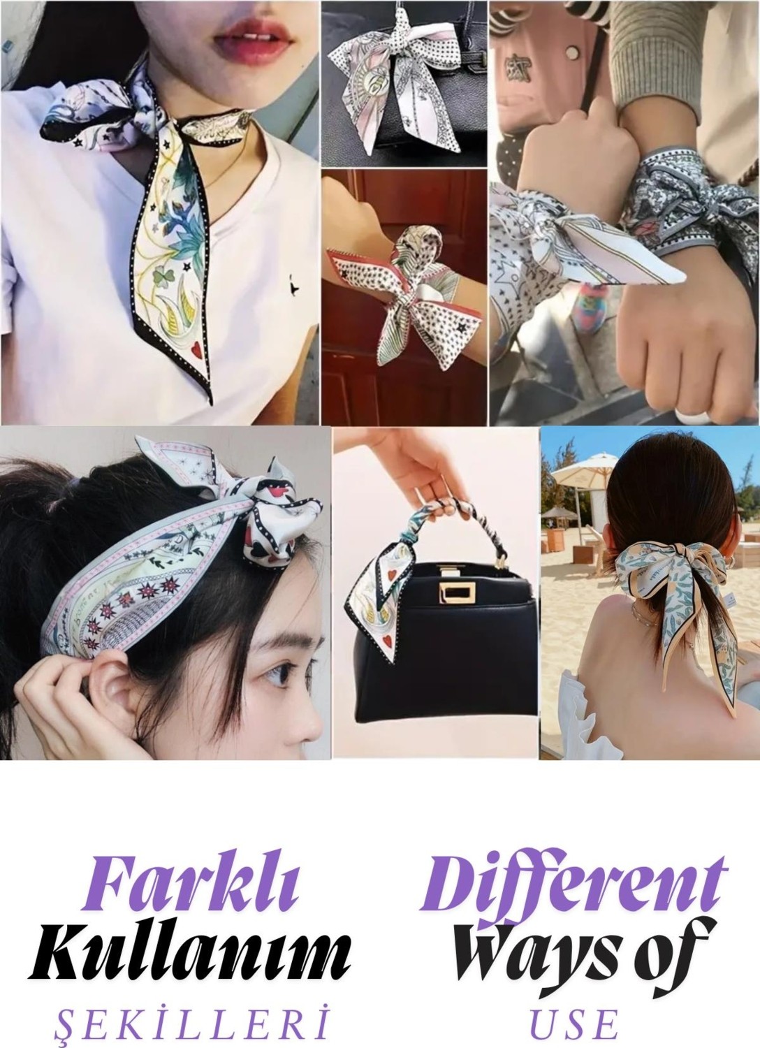 Walkenzo Pastel Yaprak Desenli Özel Tasarım Çanta Bileklik Saç Çok Amaçlı Kadın Kelebek Fular görsel 4
