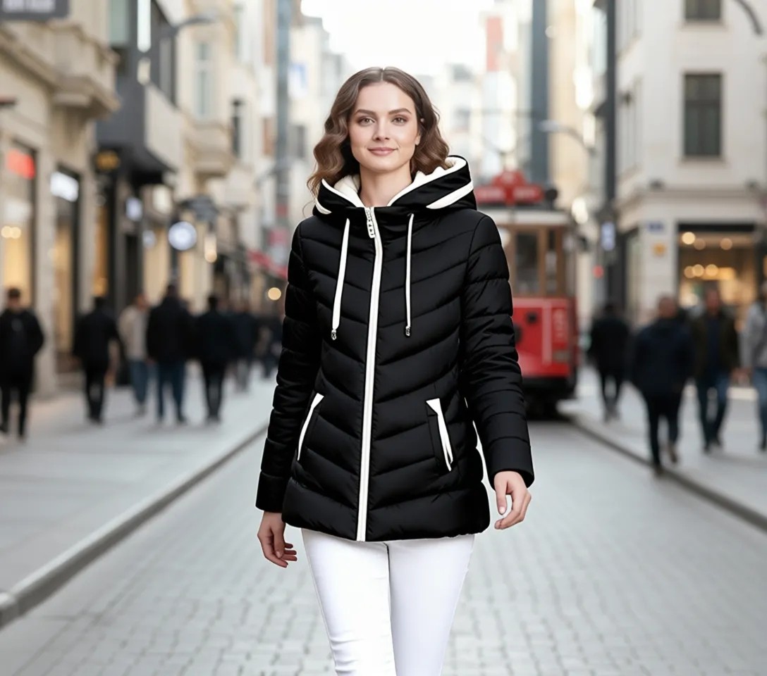 Barbora Kadın Kapüşonlu Kışlık Şişme Mont Polyester Malzeme ile Standart Kalıp Siyah görsel 2