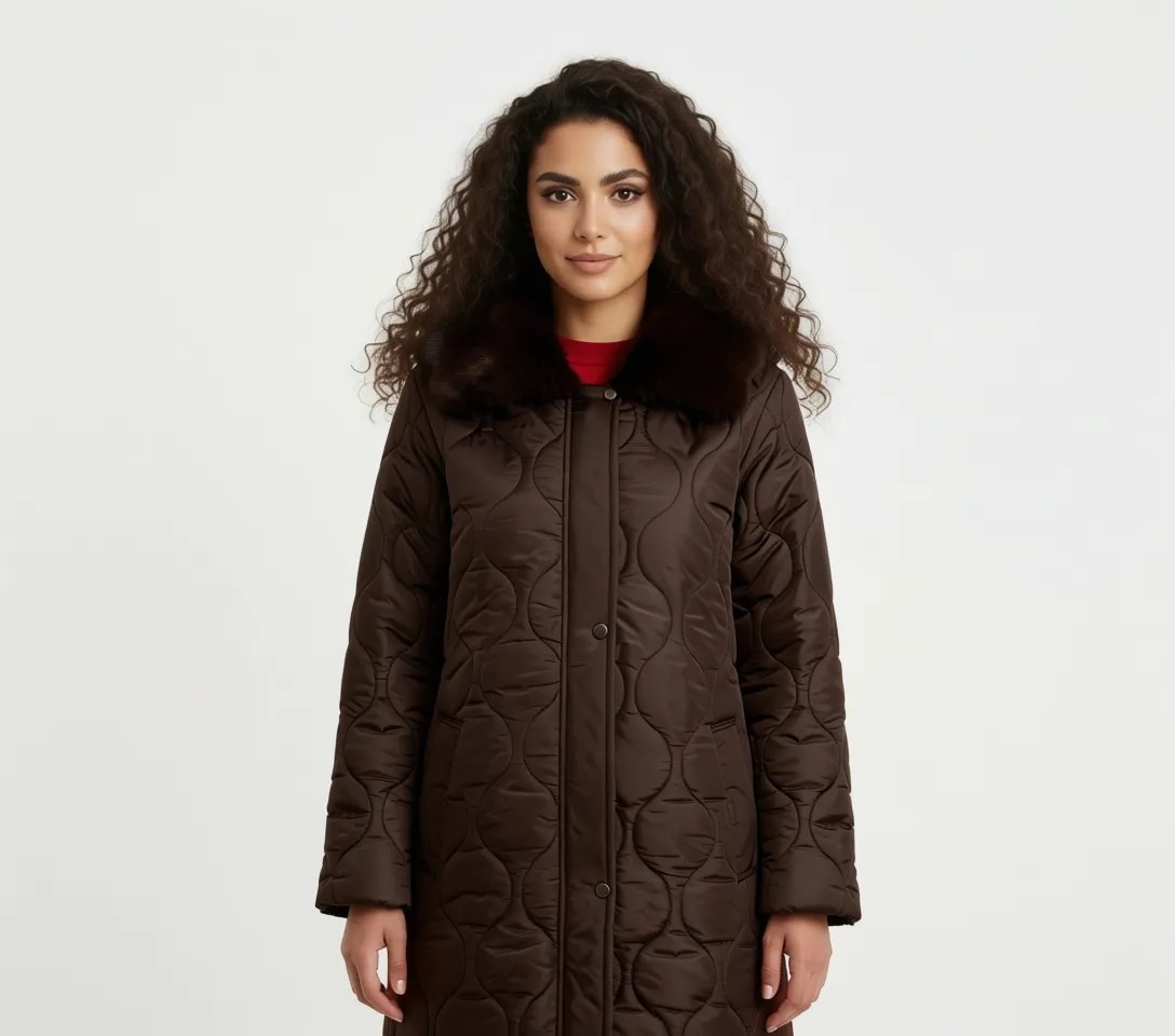 Olcay Kahve Renkli Kapitone Mont Uzun Kol Kadın Fermuar Kapamalı Kürklü Yakalı Polyester Malzeme 6784 görsel 6
