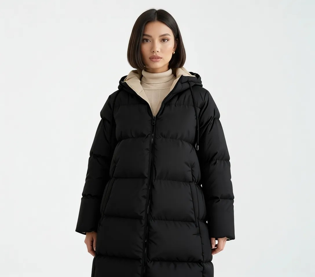 Olcay Siyah-Taş Kapüşonlu Fermuar Kapamalı Şişme Mont 2024 Sonbahar - Kış Kalın Polyester-6492 görsel 7