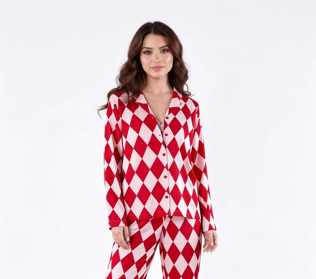 Penti Kırmızı Layla Gömlek Baklava Desenli Uzun Kollu Pijama Takımı görsel 7