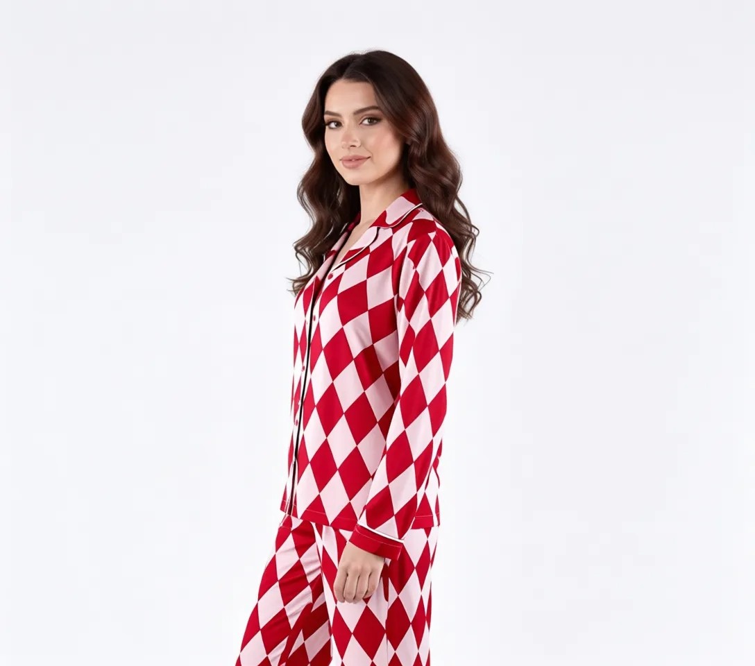 Penti Kırmızı Layla Gömlek Baklava Desenli Uzun Kollu Pijama Takımı görsel 8