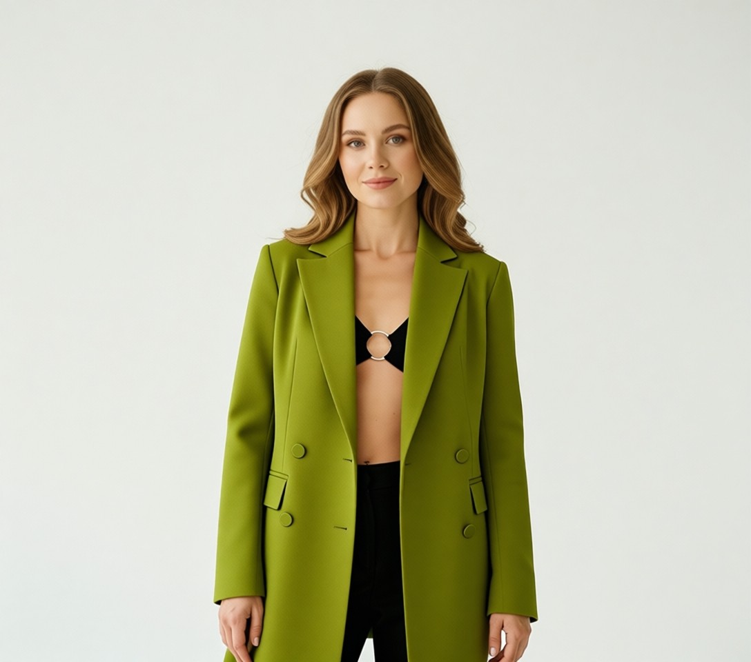 Select Moda Kadın Düğmeli Kruvaze Blazer Ceket Polyester Yeşil Renk Modern Tasarım görsel 8