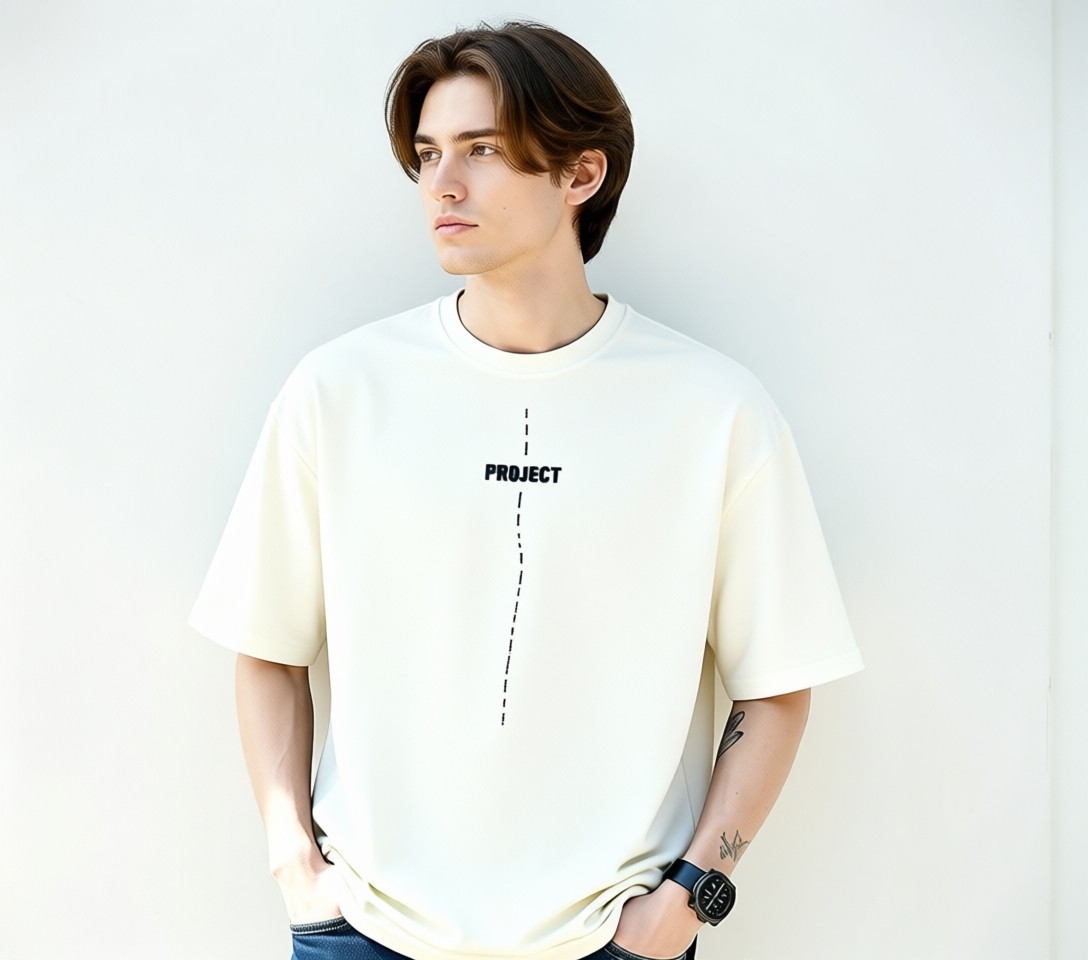 Grimelange Project Erkek Baskı Detaylı Oversize Fit %100 Organik Pamuk Örme Bisiklet Yaka Örme Beyaz T-shirt görsel 7