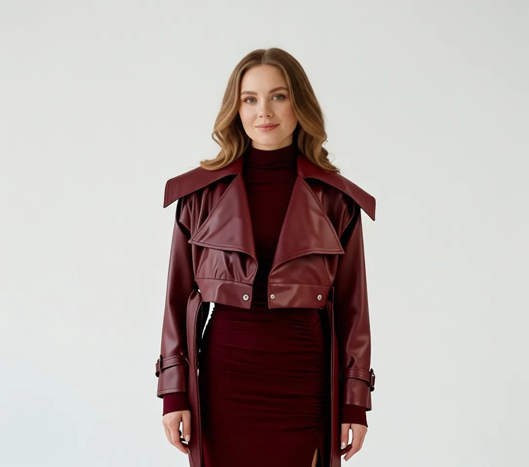 Holly Lolly Neeko Deri Kadın Ceket Bordo Crop Model Astarlı Kemerli Regular Kalıp Şıklığı görsel 7