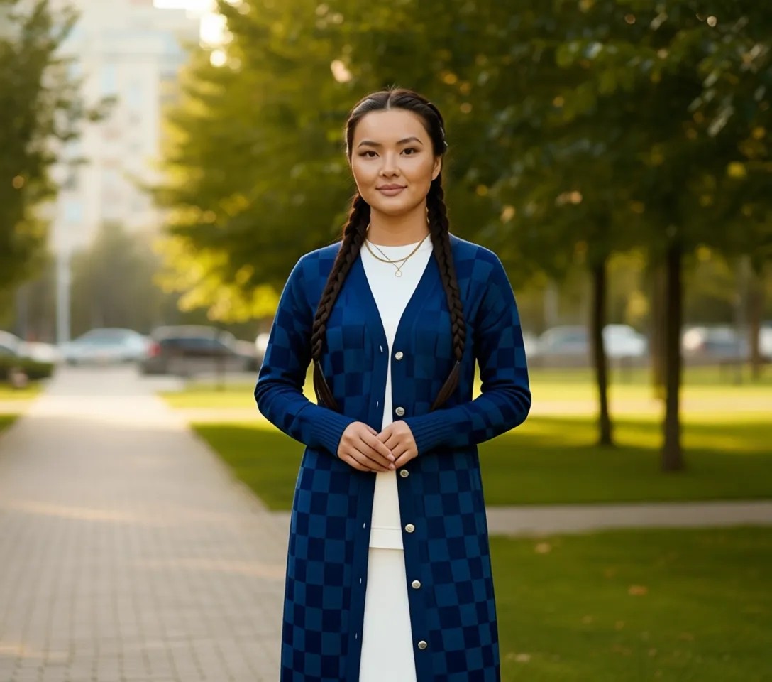 Rabia Şamlı Dama Desenli Triko Hırka Indigo görsel 6