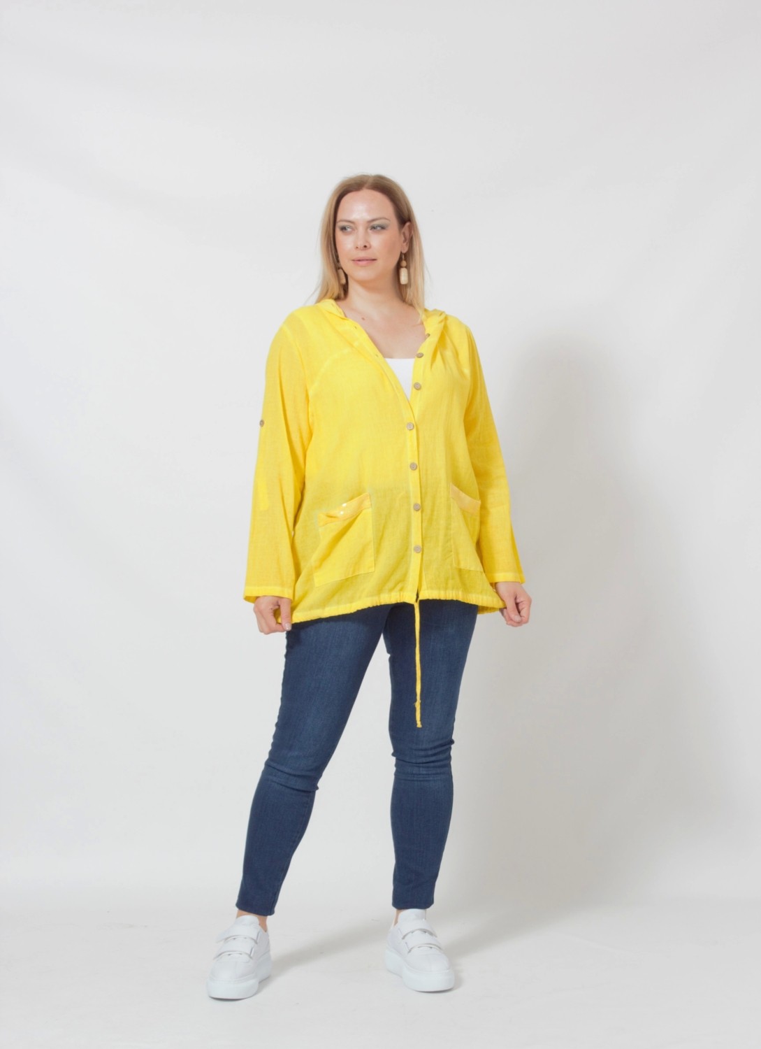 Moda Berray B027 Cebi Pullu Kapüşonlu Gömlek Sarı görsel 4