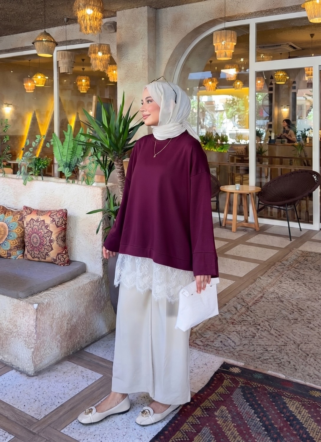 Trendparis Altı Dantel Detaylı Oysho Kumaş Oversize Tunik Kahverengi görsel 6