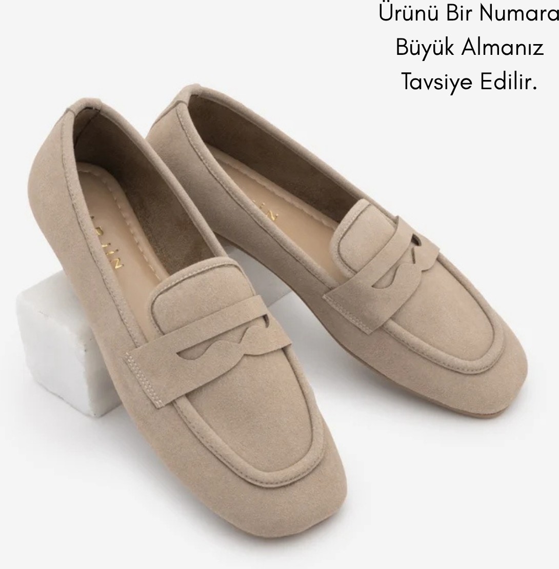 Marjin Kadın Küt Burun Günlük Loafer Heviza Bej Süet