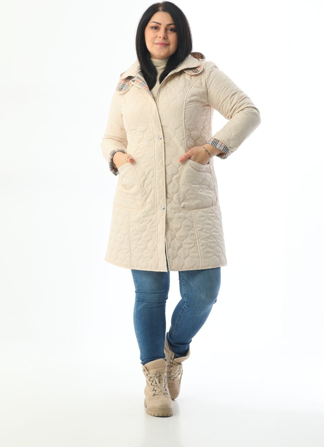 TUTveAL Collection Mevsimlik Kapitone, Su Itici Mont, Ekoseli Mont, Büyük Beden Mont, Lacivert Mont