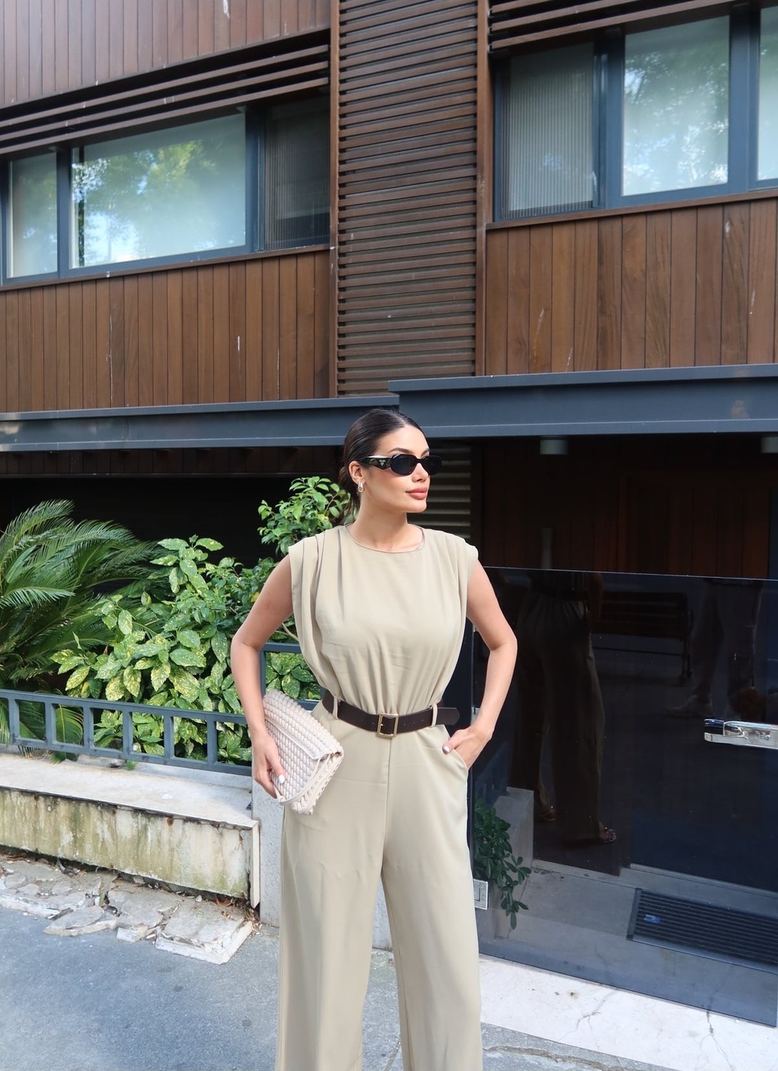 Kechi Woman Linda Twill Kumaş Kemerli Tulum, Yeşil görsel 3