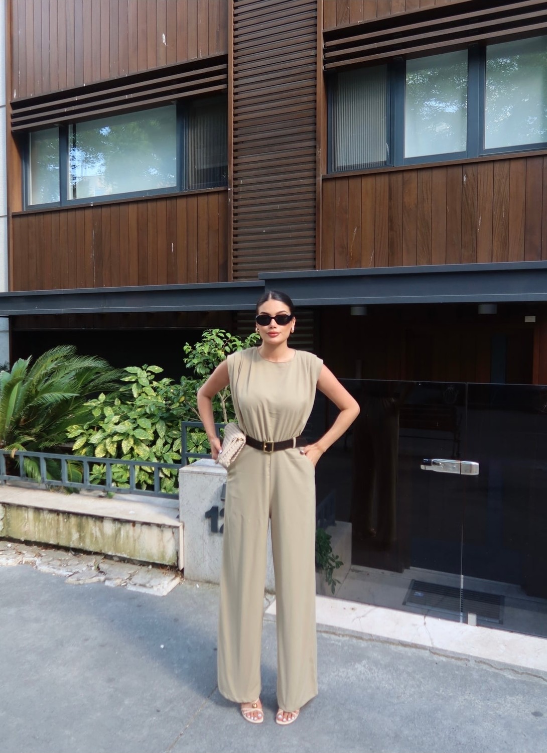 Kechi Woman Linda Twill Kumaş Kemerli Tulum, Yeşil görsel 5
