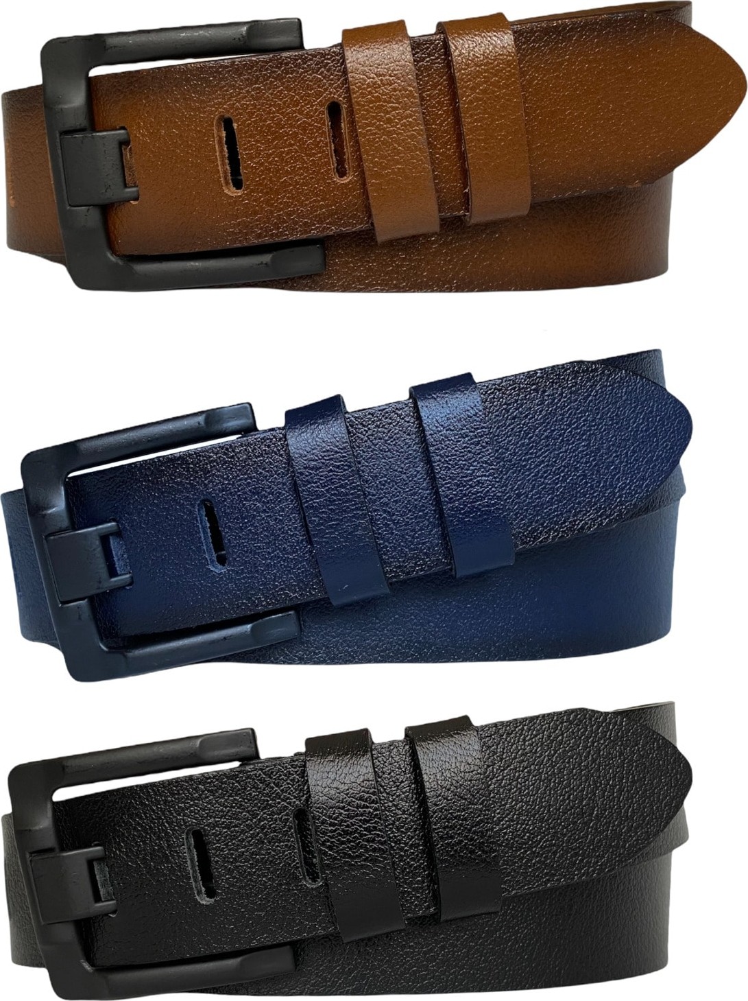 GoDeri %100 Hakiki Deri 3'lü Geniş Dilli Set Siyah, Lacivert, Tosado 4.5 cm Kot, Spor Kemer, Eski-Siyahtoka