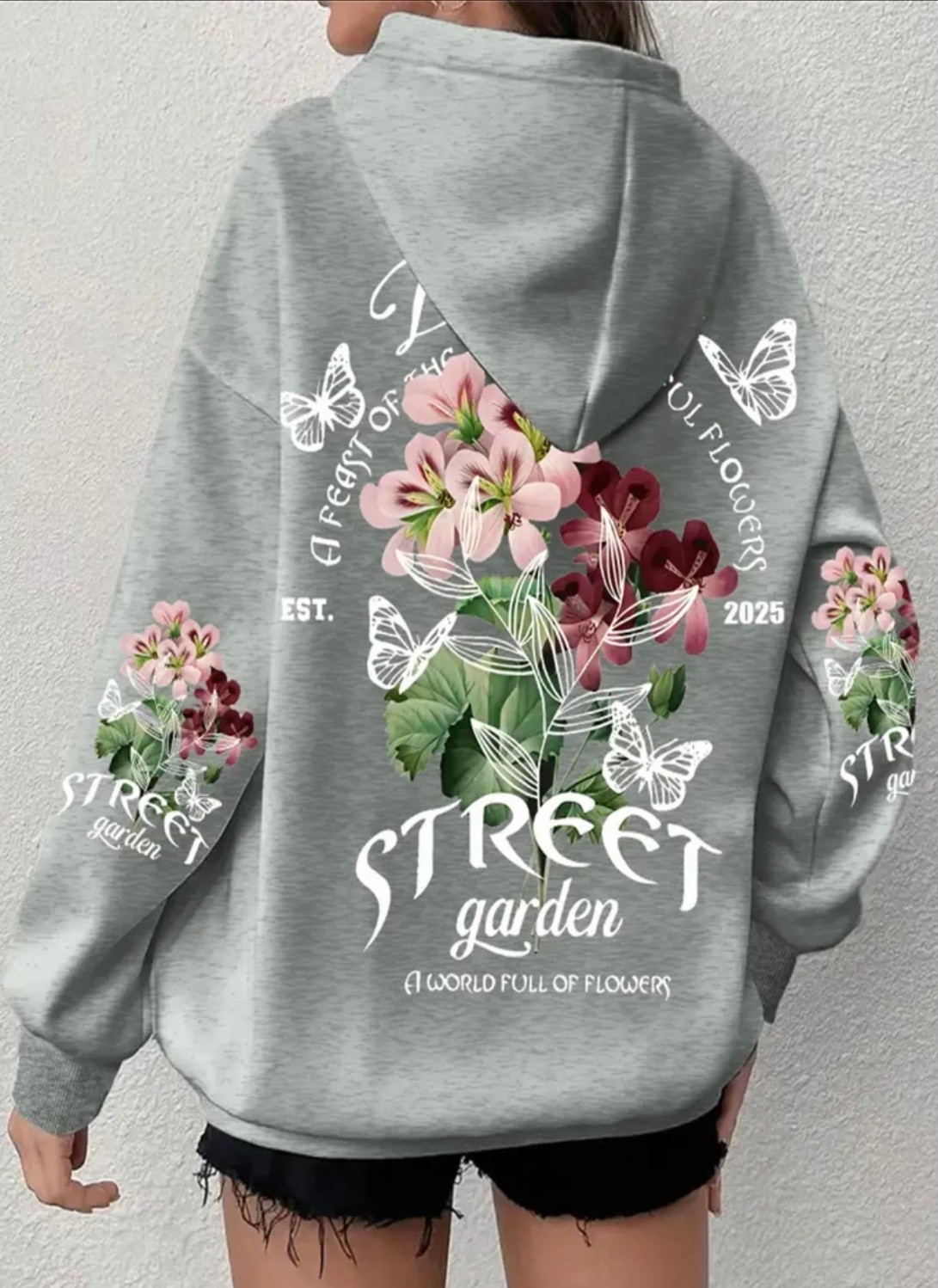 Amor Face Büyük Beden Özel Tasarım Kapüşonlu Street Garden Sırt Baskılı Oversize Kadın Sweatshırt görsel 3