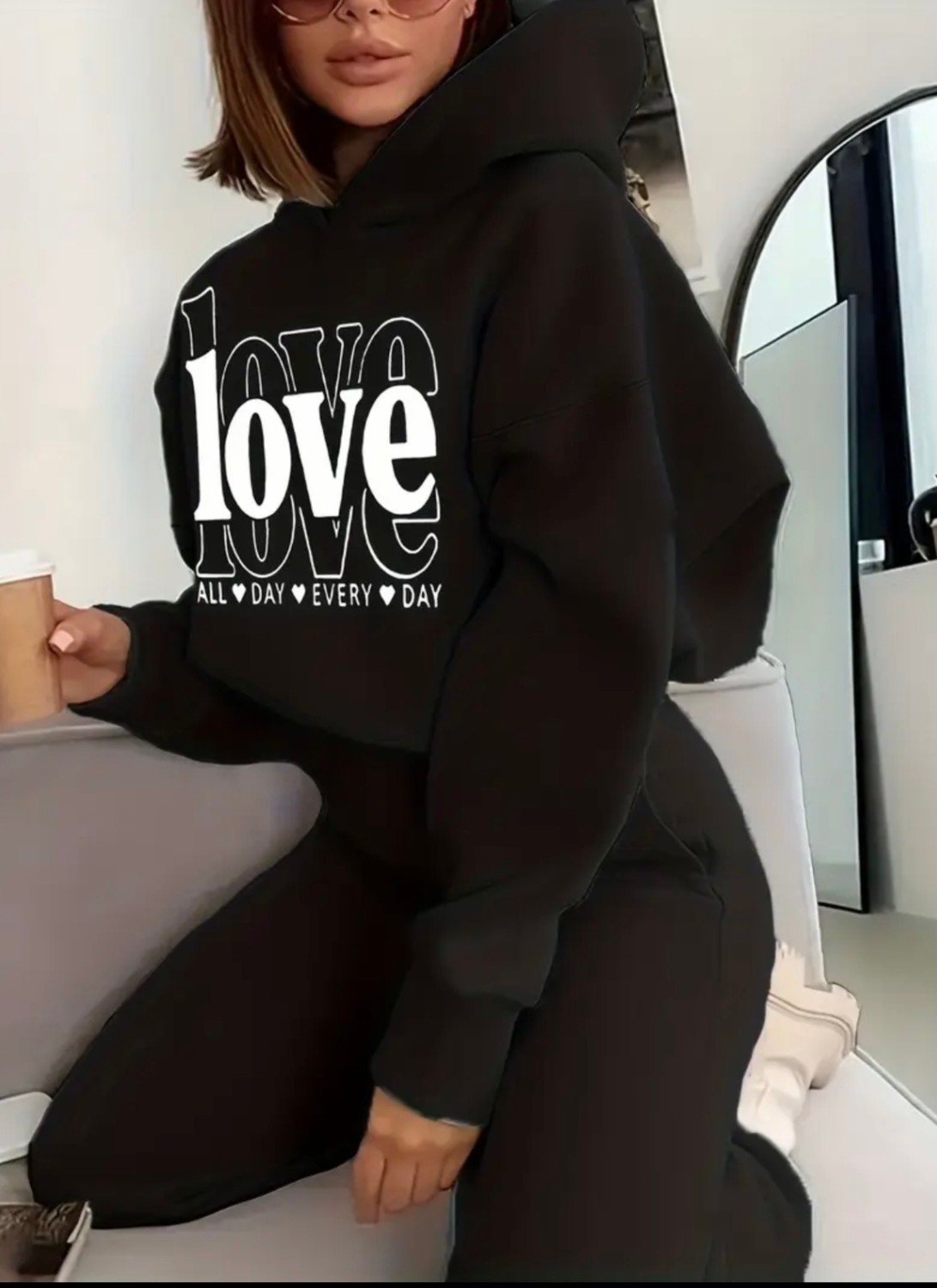 Punix Punıx Büyük Beden Özel Seri Kapüşonlu Love Baskılı %100 Pamuk Oversize Kışlık Kadın Eşofman Takımı