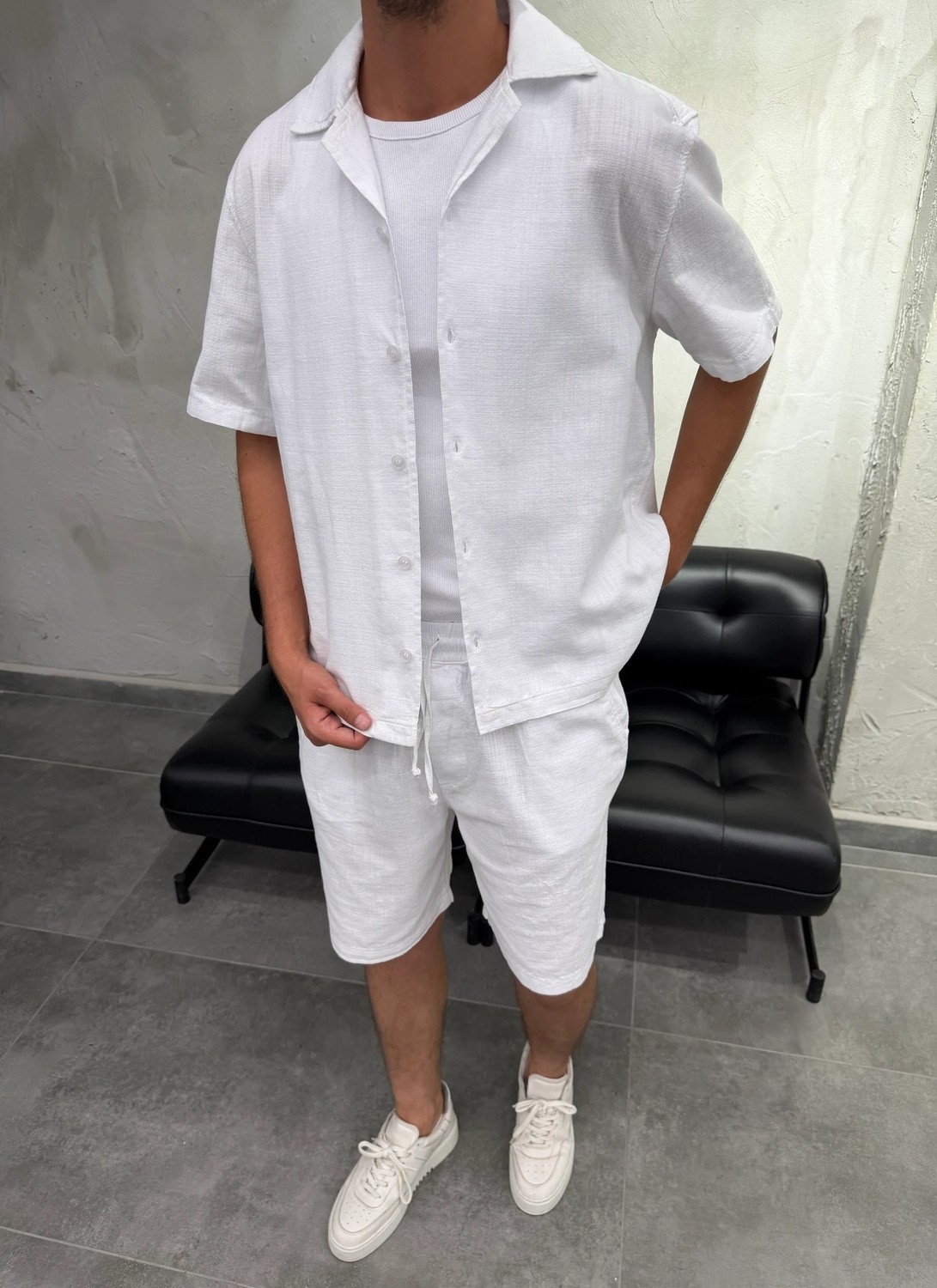 Difransel Jeans Boxy Fit Keten Gömlek Şort Siyah Takım