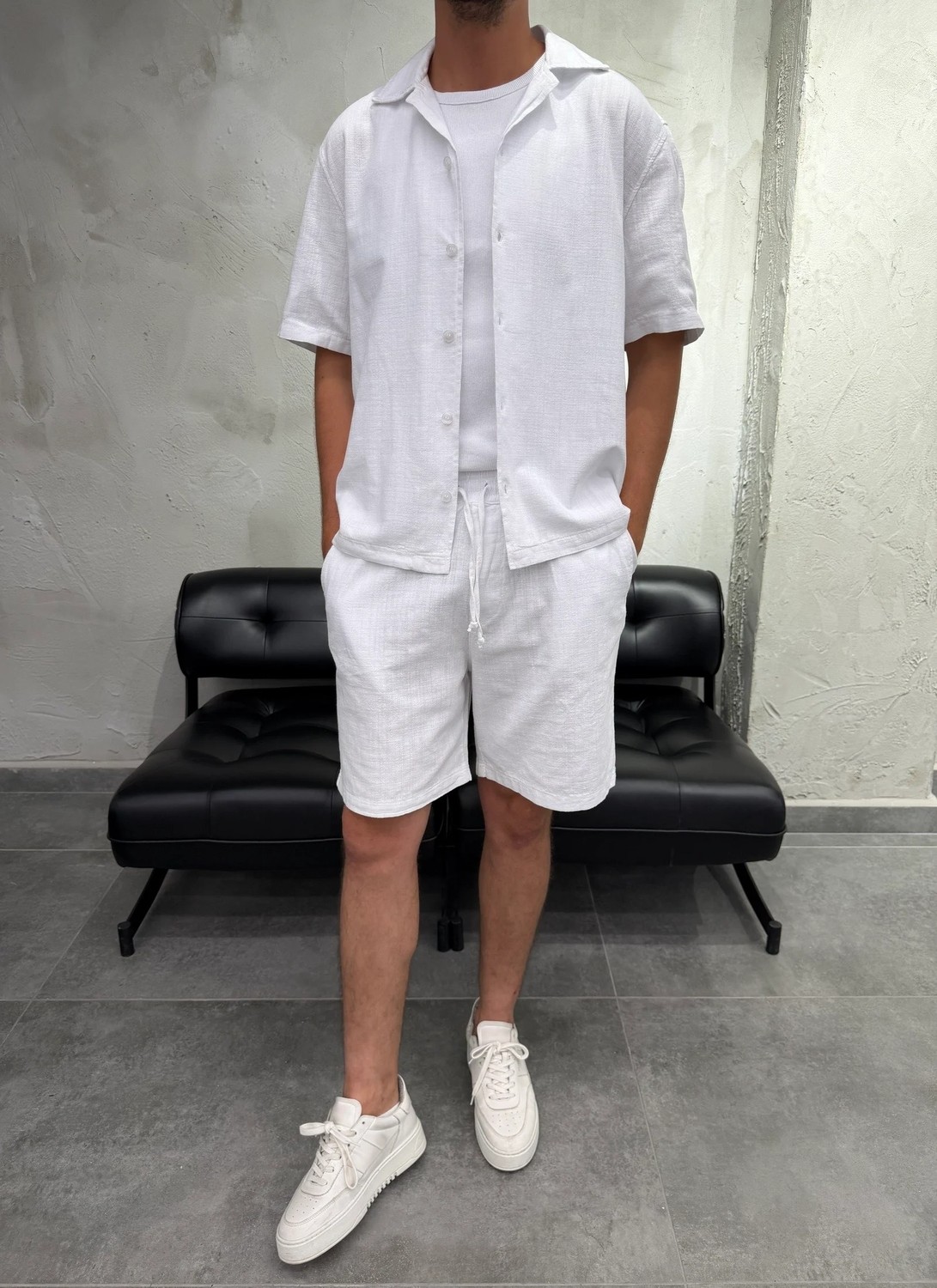 Difransel Jeans Boxy Fit Keten Gömlek Şort Siyah Takım görsel 3