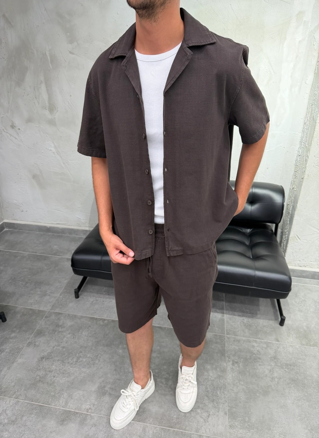 Difransel Jeans Boxy Fit Keten Gömlek Şort Siyah Takım görsel 4
