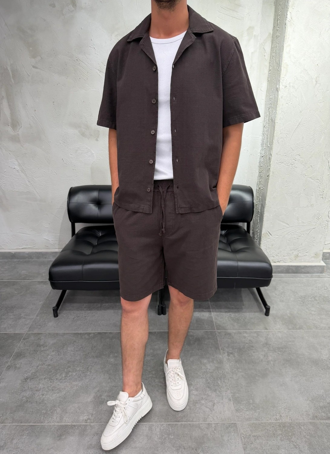 Difransel Jeans Boxy Fit Keten Gömlek Şort Siyah Takım görsel 6