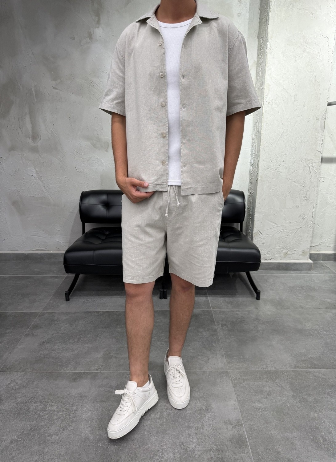 Difransel Jeans Boxy Fit Keten Gömlek Şort Siyah Takım görsel 8