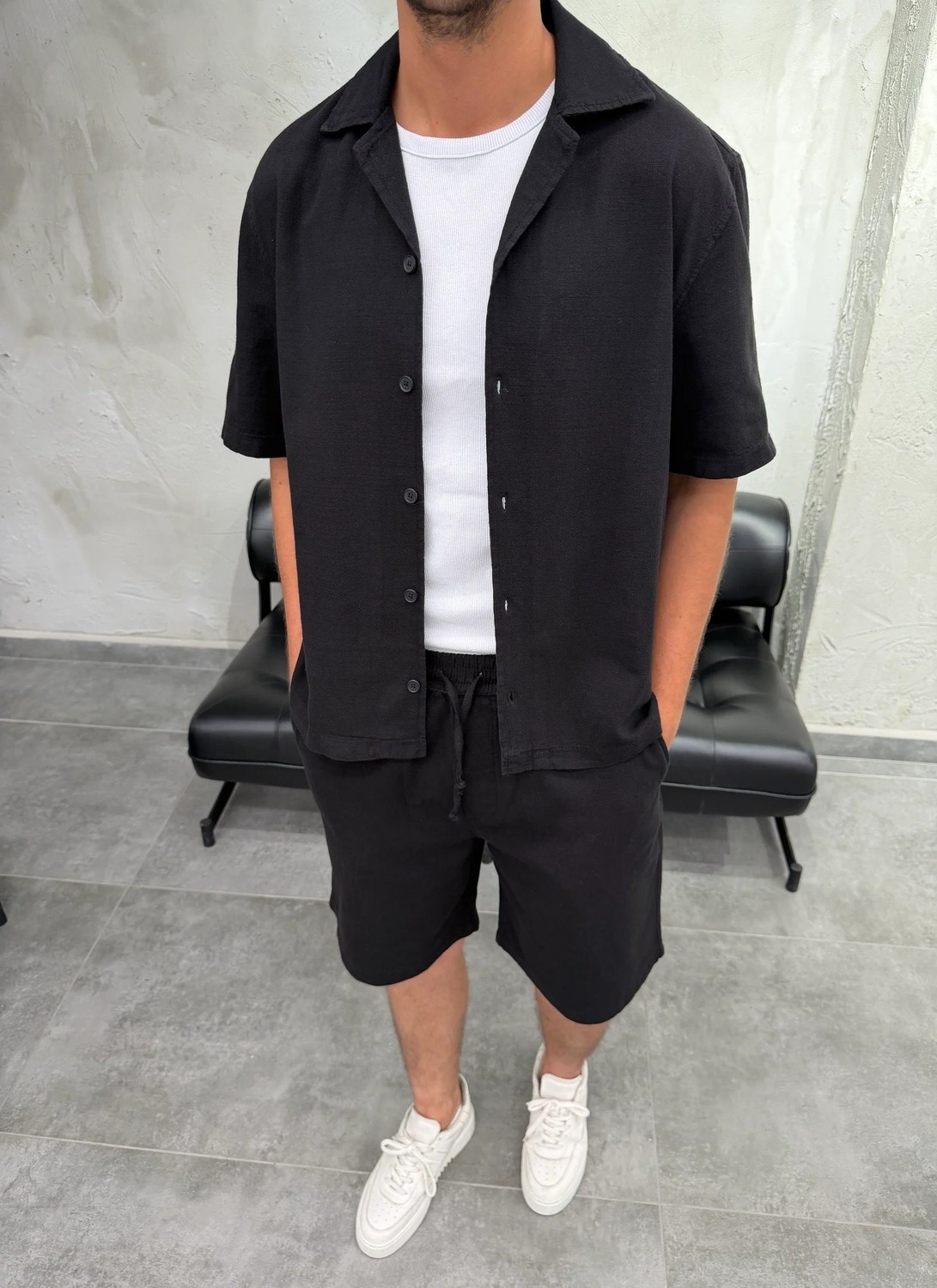 Difransel Jeans Boxy Fit Keten Gömlek Şort Siyah Takım