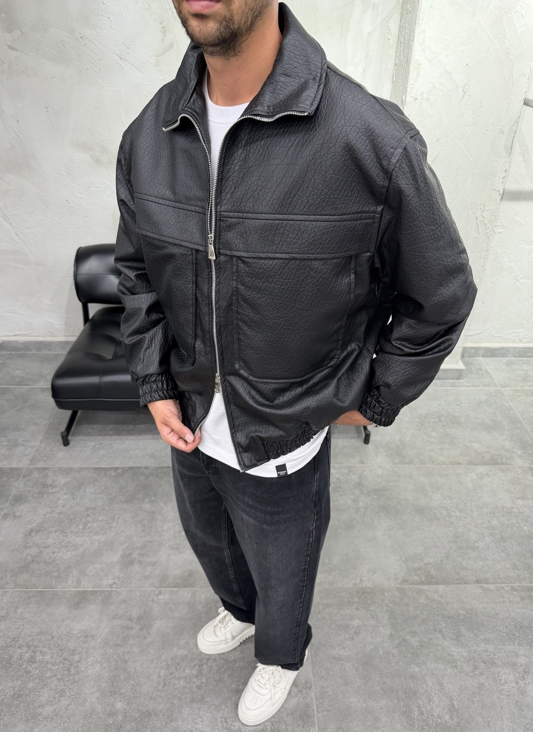 Difransel Jeans Mega Cep Suni Deri Bomber Ceket görsel 4