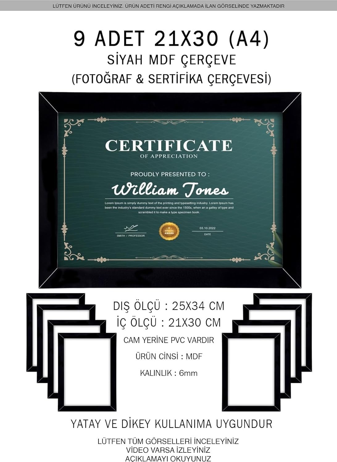 OEM Yhfoto 9 Adet A4 Siyah Mdf 21X30 & Sertifika Siyah 21 x 30