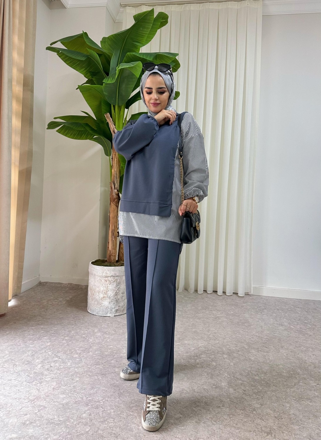 Aselim Hijap Moda Asel Fashion Line Gömlekli Ikili Takım Antrasit Gri görsel 5