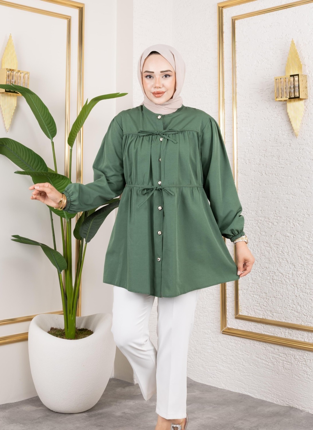 Harma Time Butik Kadın Düğmeli Bağlamalı Kahverengi Gömlek