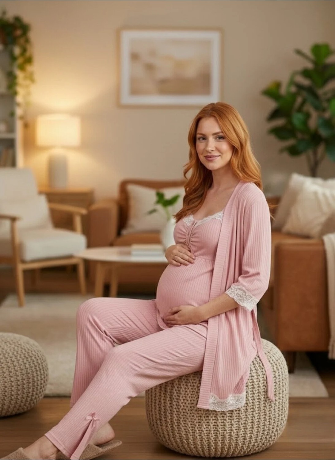 raia Yeni Sezon Pembe Ribana Askılı Emzirme Özellikli Lohusa Hamile Sabahlık,şort,pijama Takımı 4'lü Set görsel 6