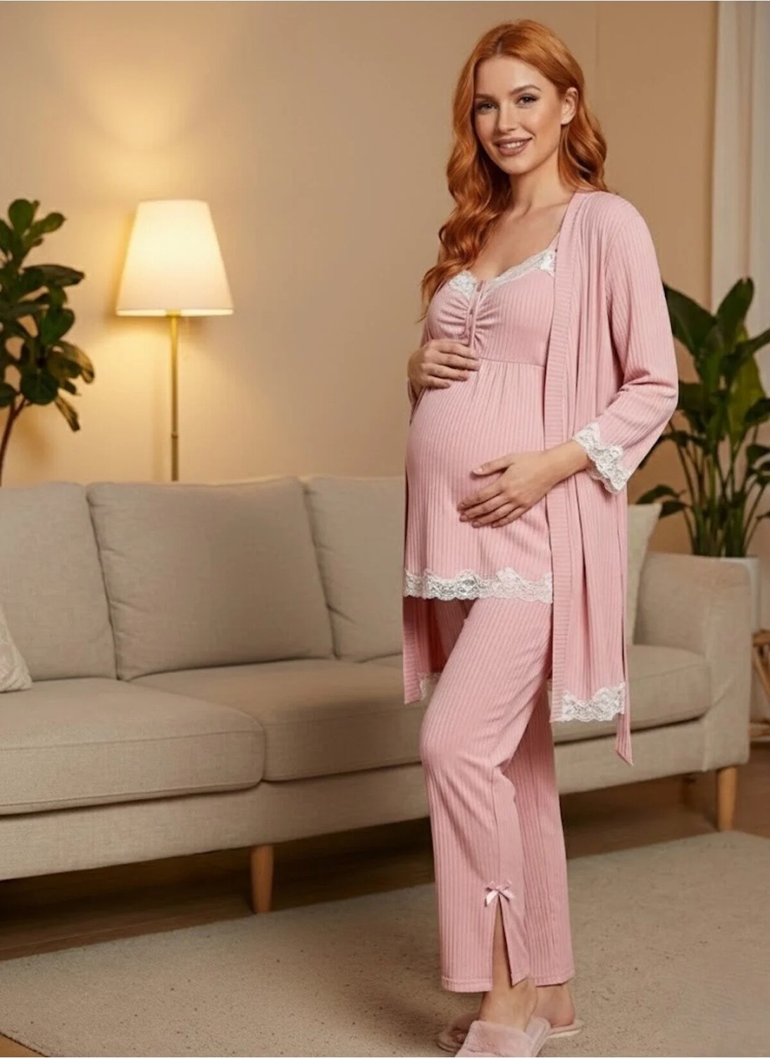 raia Yeni Sezon Pembe Ribana Askılı Emzirme Özellikli Lohusa Hamile Sabahlık,şort,pijama Takımı 4'lü Set görsel 7