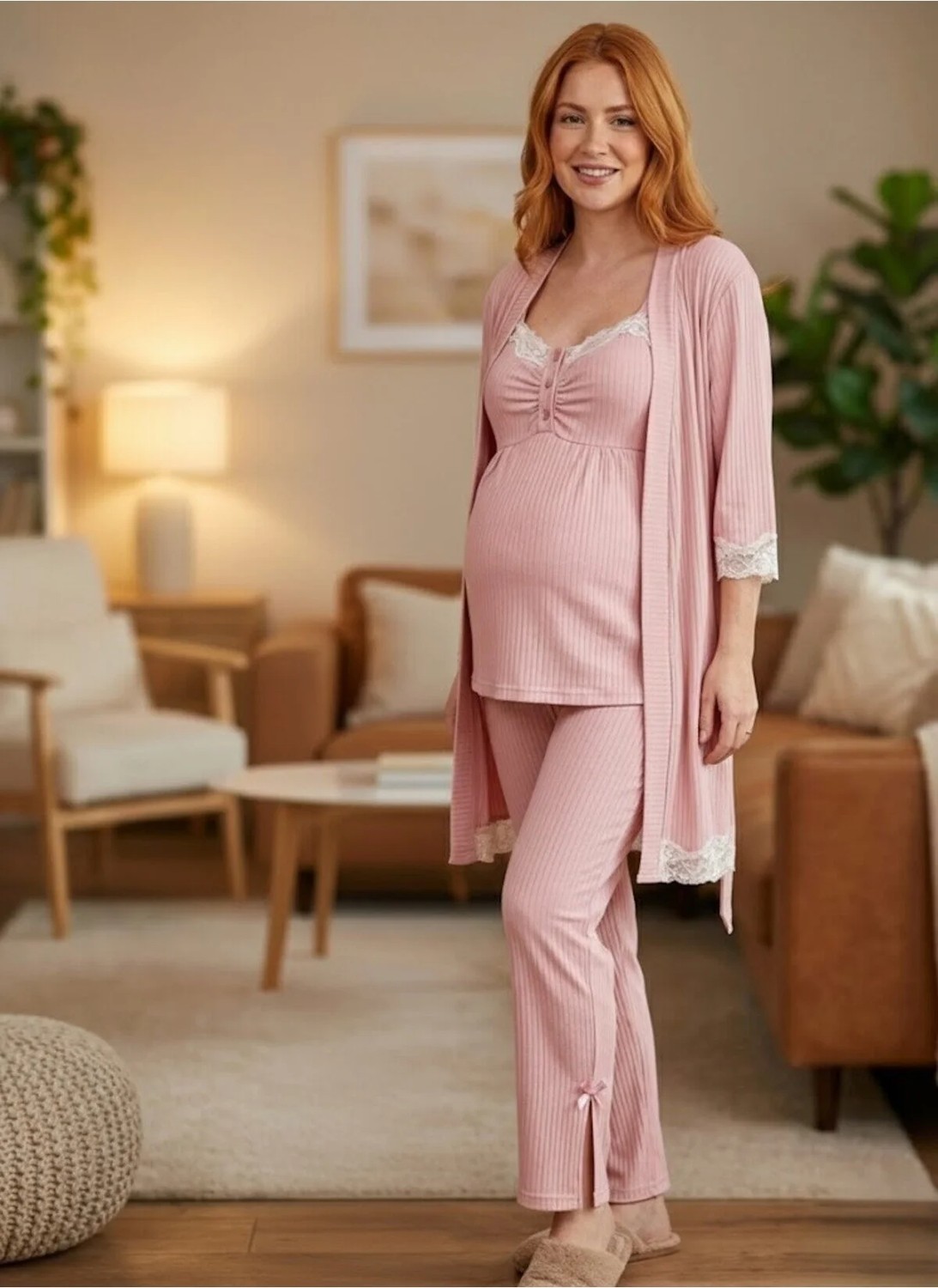 raia Yeni Sezon Pembe Ribana Askılı Emzirme Özellikli Lohusa Hamile Sabahlık,şort,pijama Takımı 4'lü Set görsel 8