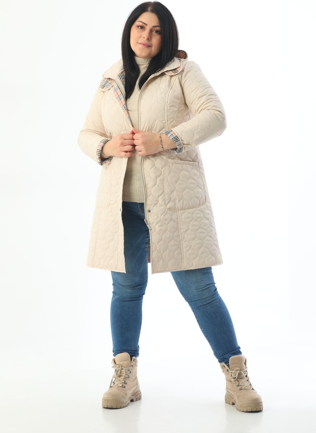 TUTveAL Collection Mevsimlik Kapitone, Su Itici Mont, Ekoseli Mont, Büyük Beden Mont, Lacivert Mont görsel 8