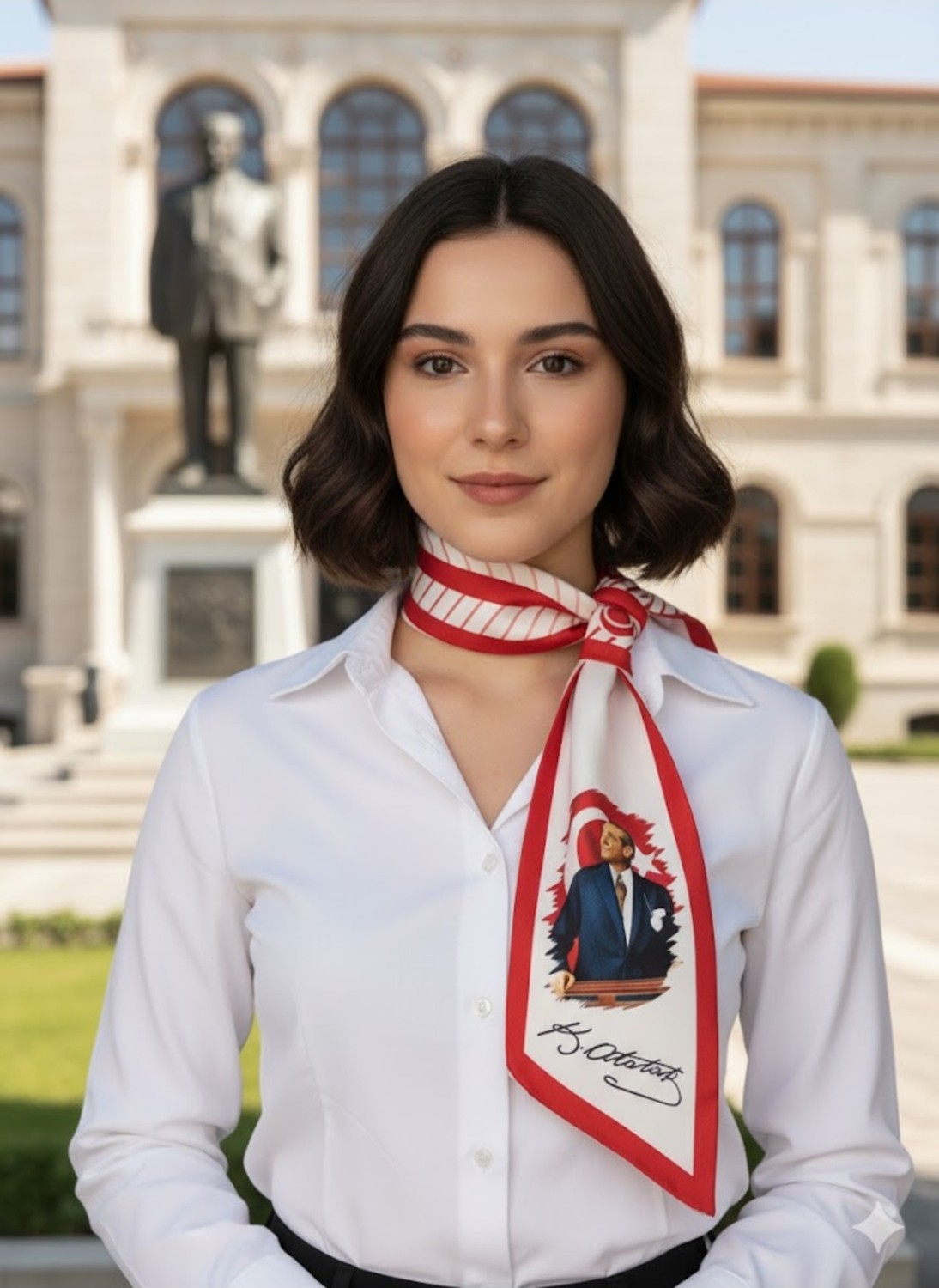 Tarzını Seç Atatürk Fotoğraflı ve Imzalı Türk Bayraklı Kravat / Eşarp / Fular görsel 4