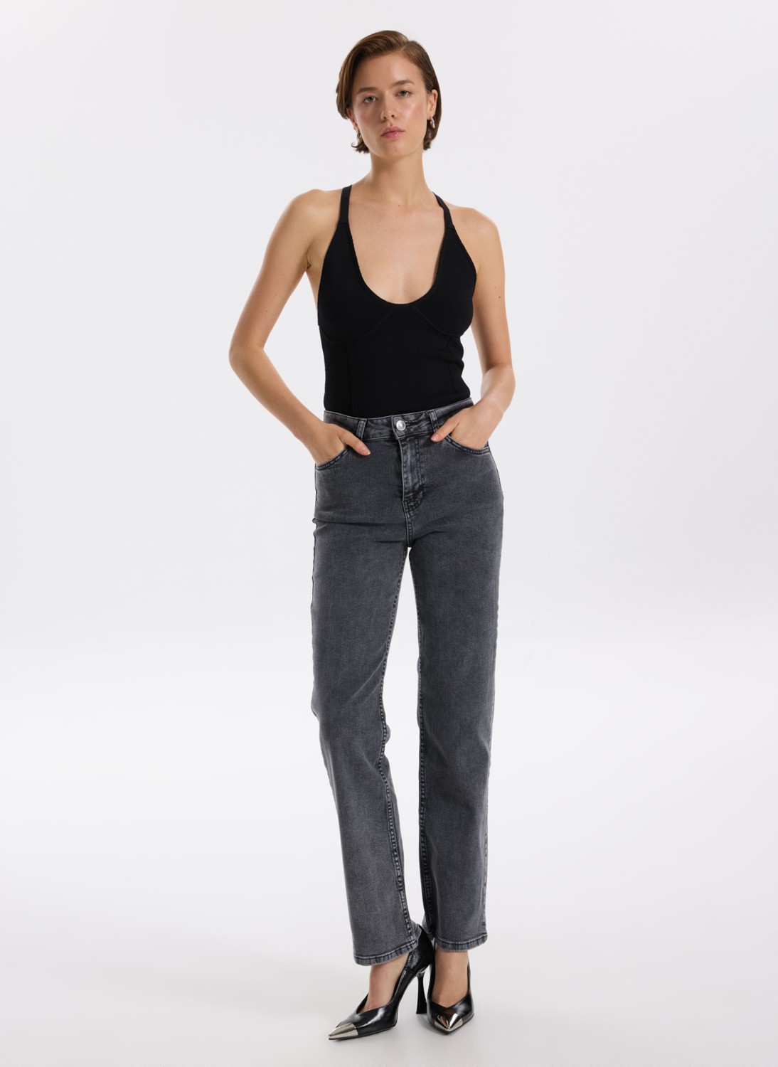 Fabrika Yüksek Bel Normal Paça Regular Straight Antrasit Kadın Denim Pantolon F5WL-PNT0192 görsel 6