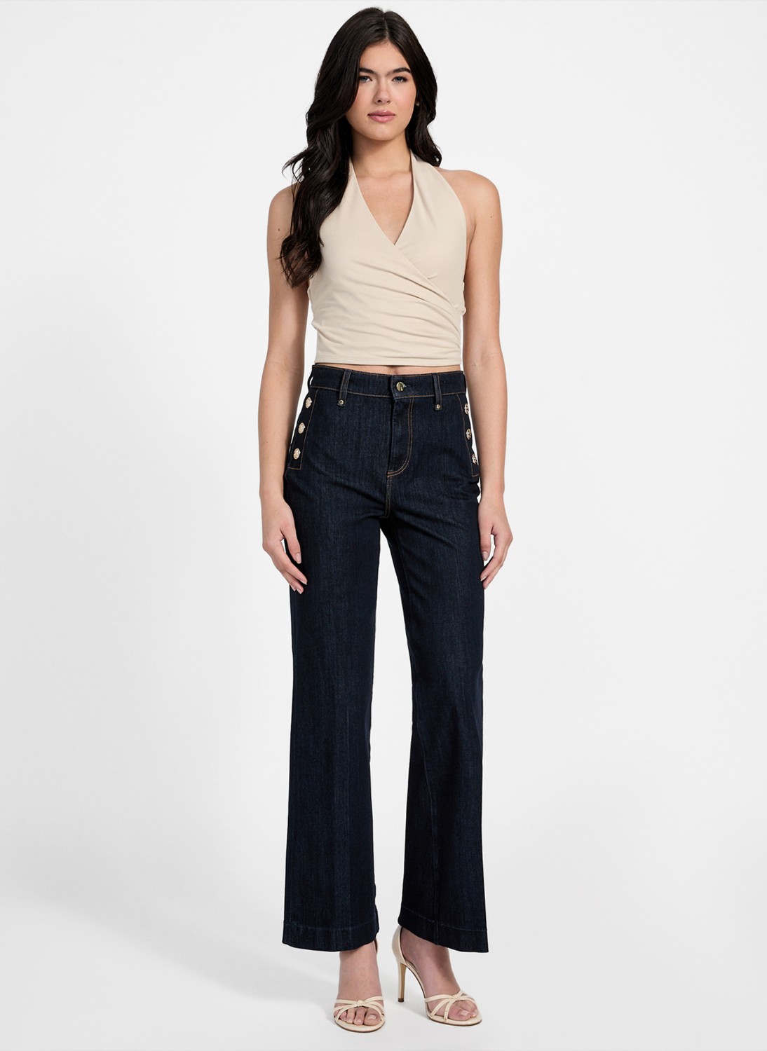 Guess Yüksek Bel Ispanyol Paça Skinny Fit Lacivert Kadın Denim Pantolon New Faye Kadın Modal Karışımlı Skin