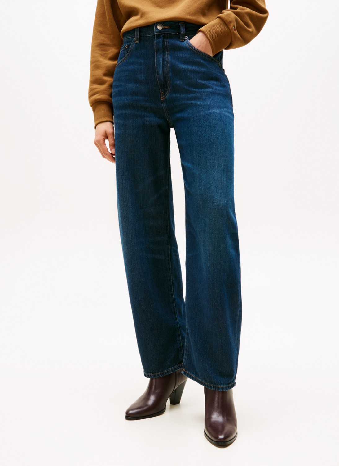 Tommy Hilfiger Yüksek Bel Geniş Paça Standart Koyu Mavi Kadın Denim Pantolon WW0WW467711BK görsel 2